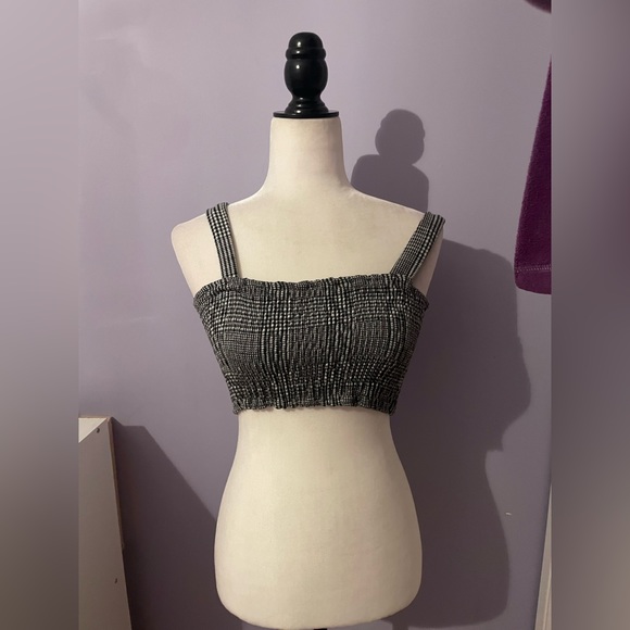 Free People Smocked Crop Top Tank Black White Gingham Plaid Print - Picture 4 of 5